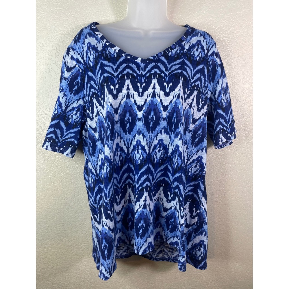 Chicos 3 US XL Top Blue White Ikat Abstract Short Sleeve Cotton Modal Artsy